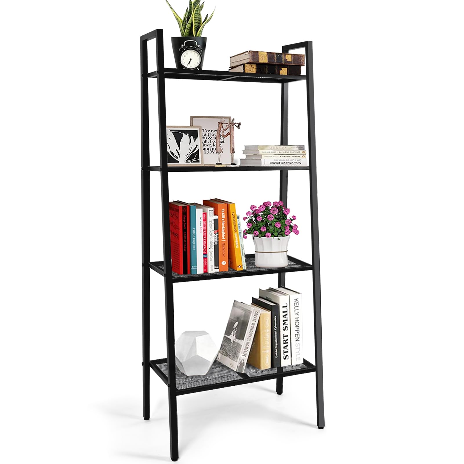 4 Tiers Metal Bookshelf, Industrial Ladder Shelf Stand Rack Bookcase, Indoor/Outdoor Plant Display Shelf Storage Rack Shelves Books Holder for Books/Movies in Living Room/Office