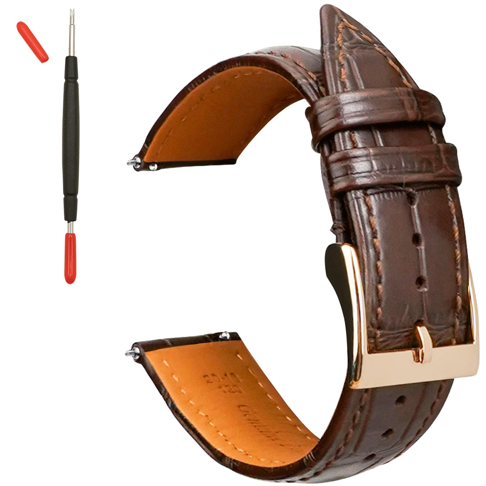 Gomvadr Handgemachte Echtleder Uhrenarmband Schnellspanner mit Edelstahl Schnalle Schließe für Frauen und Männer, 22mm, Braun/Roségold