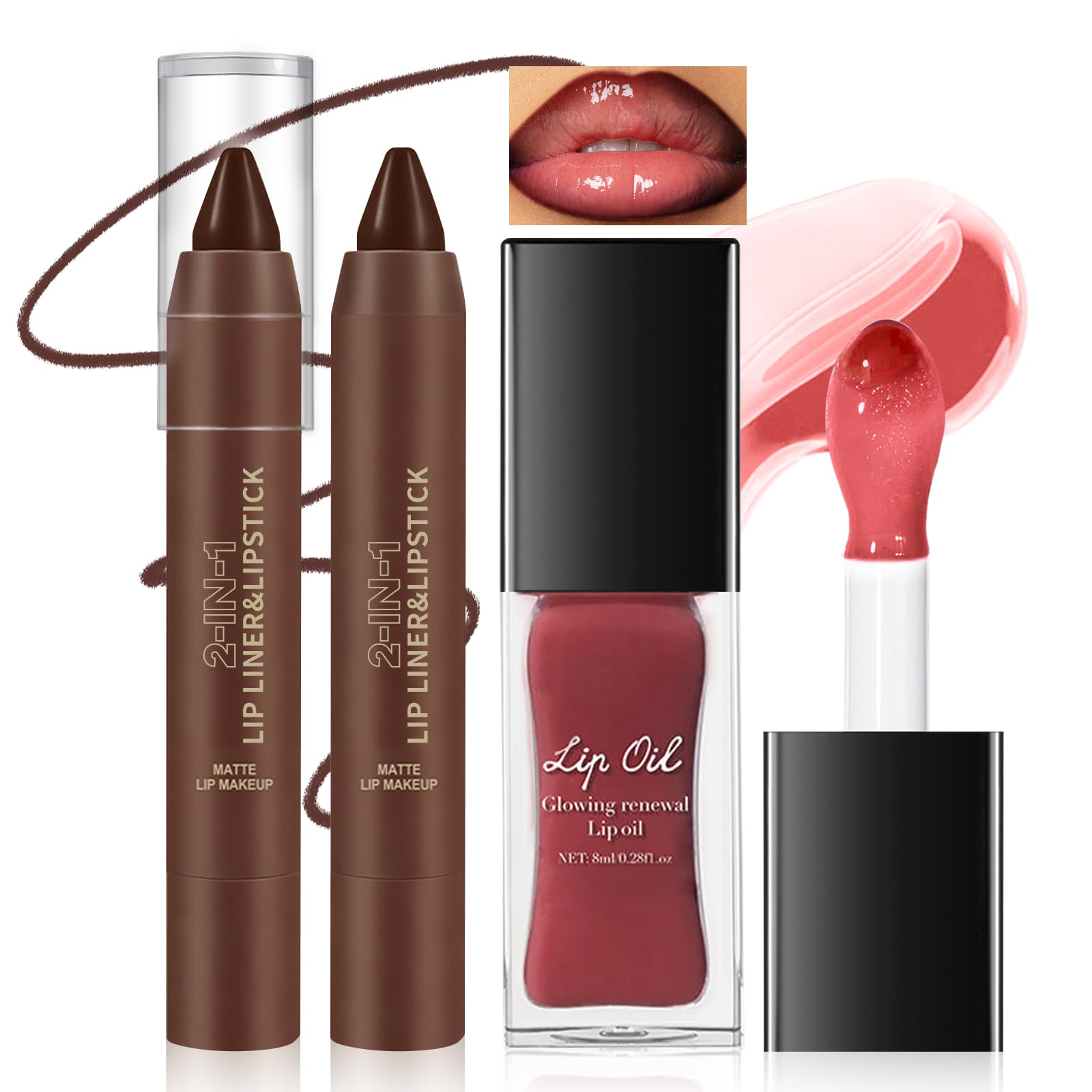 HOSAILY Nourishing Glowing Lip Oil with 2 in 1 Ombre Lip Liner Lipstick Set, Moisturizing High Shine Renewal Lip Gloss for Women, Smooth Long Wear Plumping Rose Pink Lip Tint Lip Crayon Combo Makeup Set A