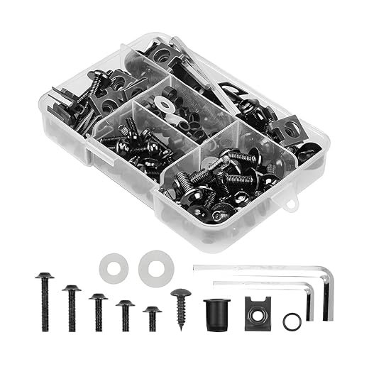 Motorcycle Fairing Bolt Kit, 177pcs M5 M6 Motorcycle Windscreen Screws, Aluminum Fasteners Fairing Bolts Nut Clips Kit, Mounting Kits Washers Nuts Screws Assortment for Sport Bikes (Black)