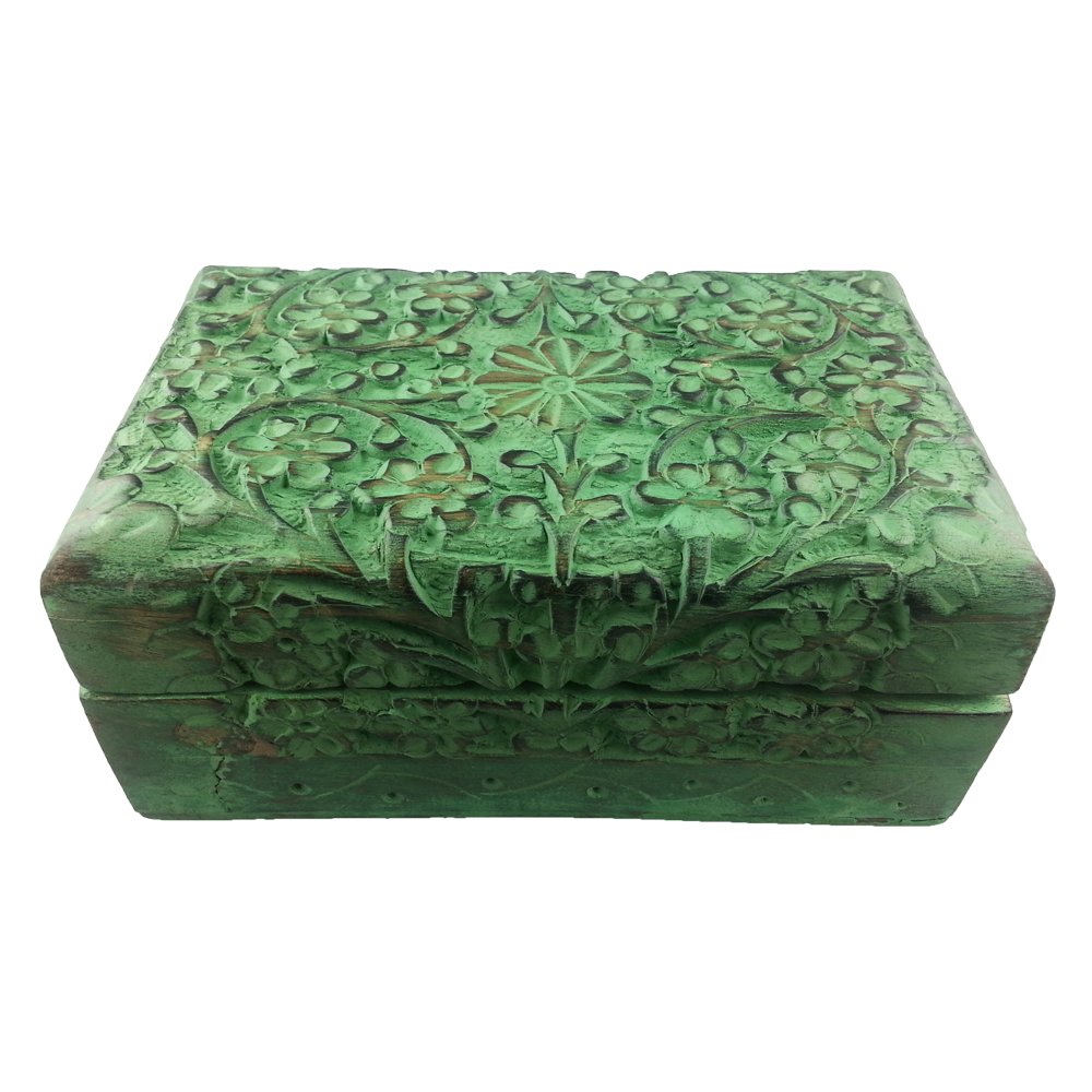 Shiva Medium Green Weathered Wood Jewellery Box - Carved, Floral and Colourful Jewelry Boxes