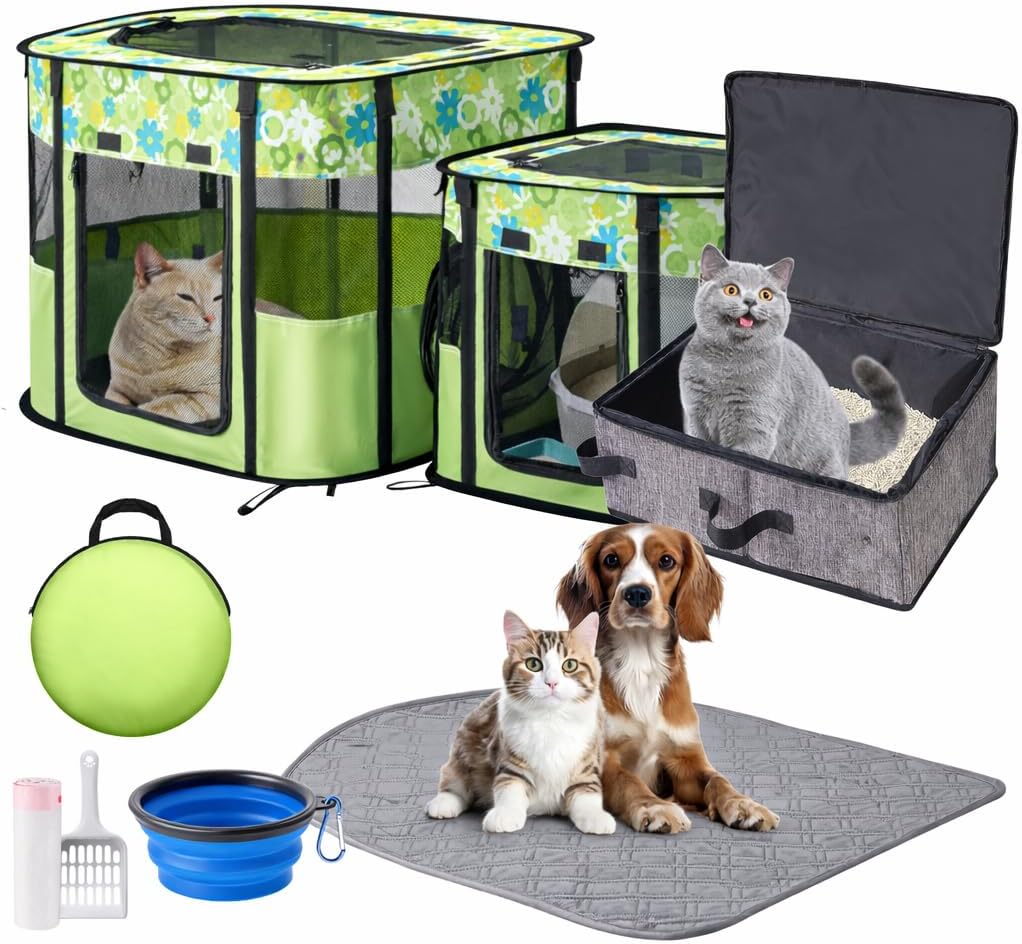 Portable Cat Playpen with Separate Areas,Travel Litter Box for Cats in Car with Lid