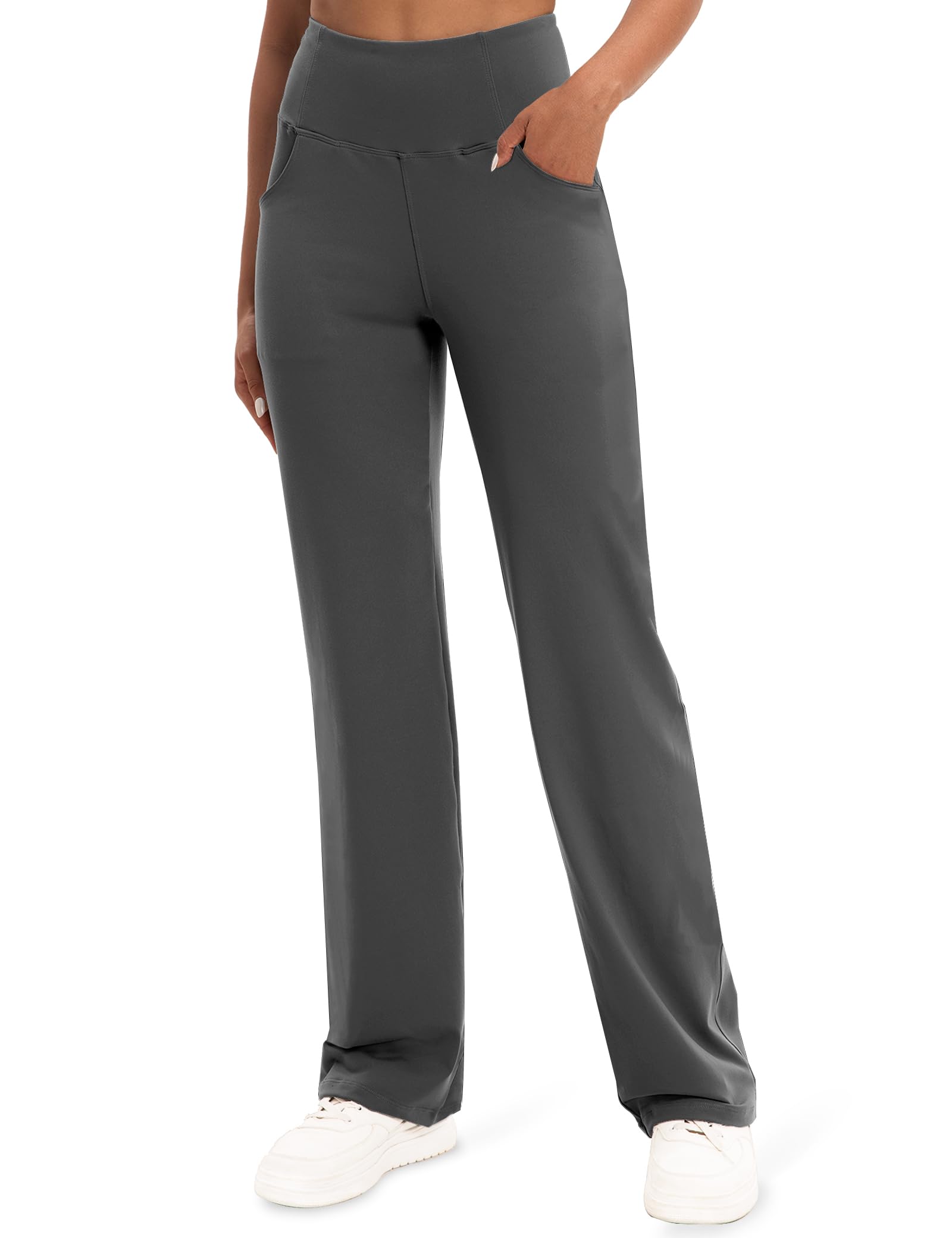VOOVEEYA Yoga Pants Women with Pockets, Straight Wide Leg Pants High Waisted Work Dress Pants Petite/Regular/Tall