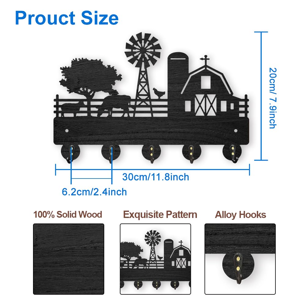 MAYJOYDIY Farm Cow Sheep Wooden Key Hooks Farmhouse Animal Wall Mounted Key Hanger 30×20cm 5 Alloy Hooks for Gift Entryway Hallway Kitchen Room - Image 2