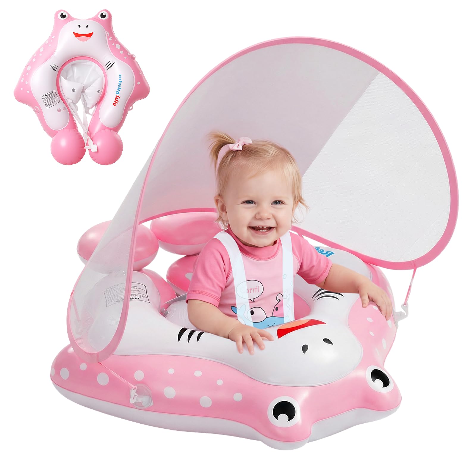 Baby Swimming Float with Canopy, Pink Inflatable Baby Pool Float with Detachable Canopy UPF50+, Toddler Swim Ring for Newborn, Safety Kids Pool Bathing Toy for 12-36 Months