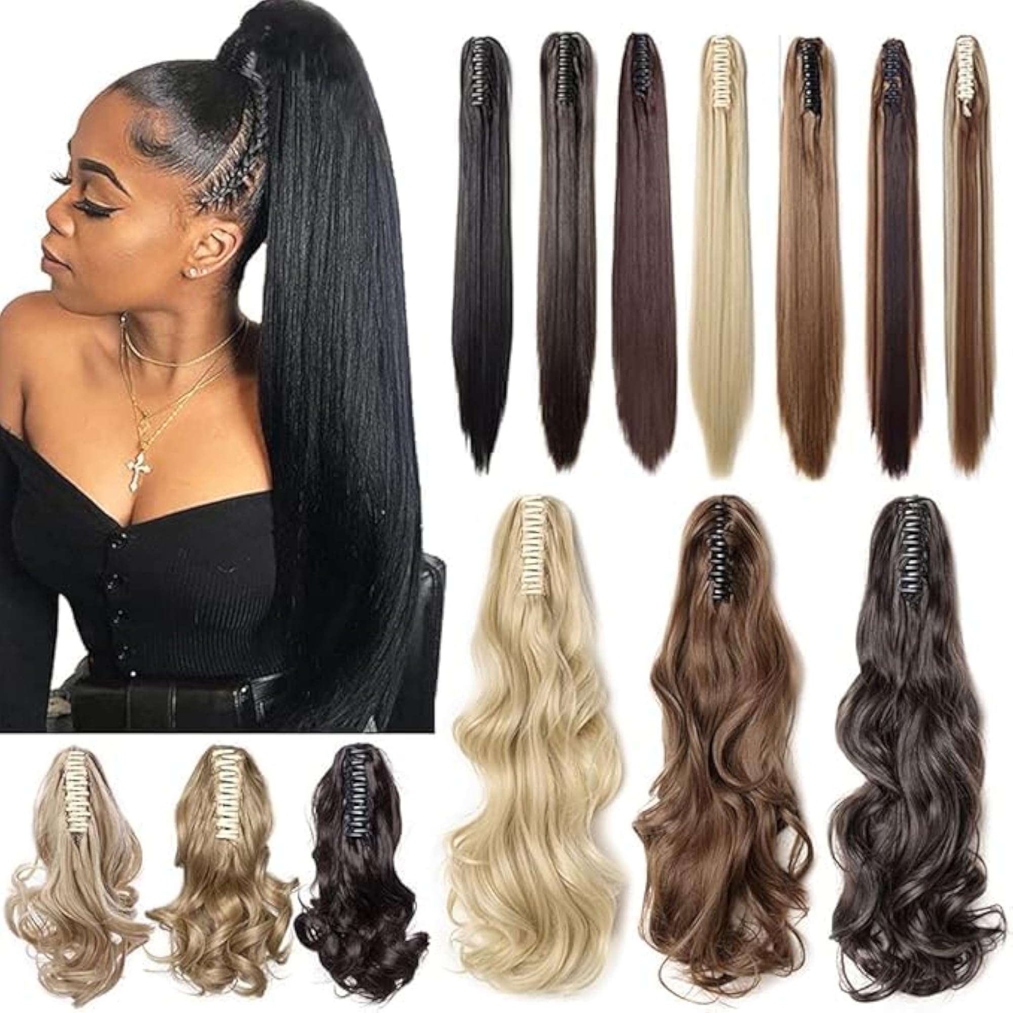 26" Straight Claw Clip Ponytail Extension for Women, Brown Highlights