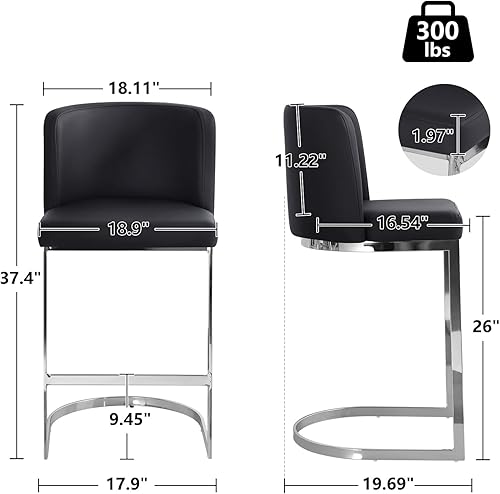 Miniatura 2 de Juego de 2 taburetes de bar modernos de 26 pulgadas con respaldo y marco de metal en forma de C, sillas de bar tapizadas de piel sintética para