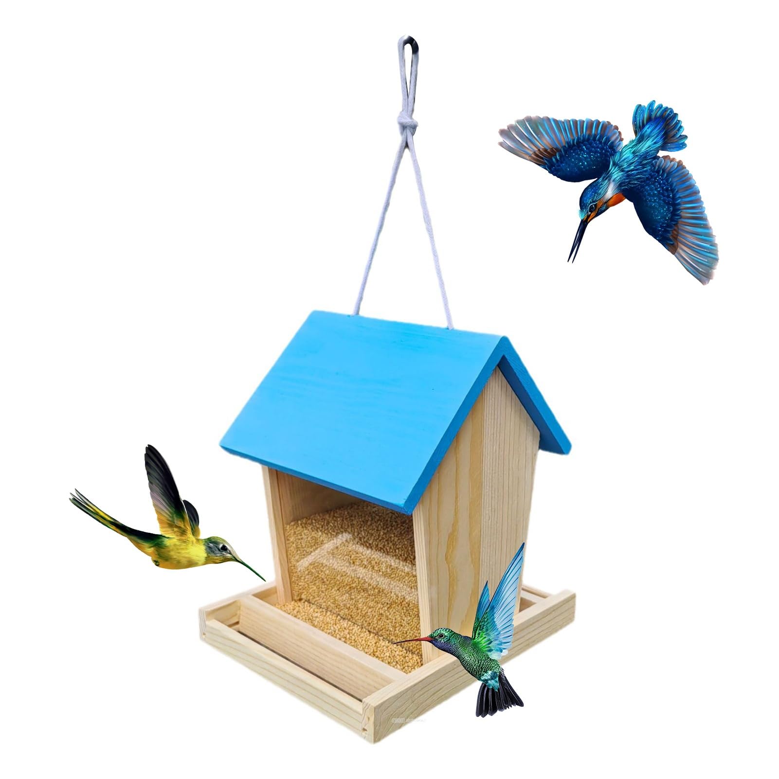 Feeders - Comedero grande de madera colgante para cardenales y pinzas, color azul