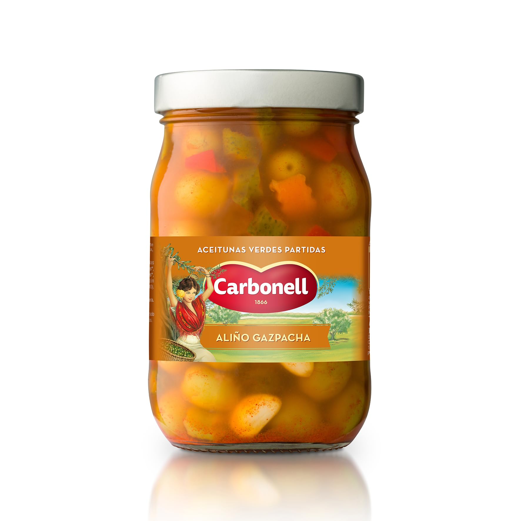 Carbonell Aceitunas Verdes Partidas con Hueso Estilo Gazpacha Manzanilla Aliño Ajo Vinagre Guindilla Pimentón Rojo Picante 450 g