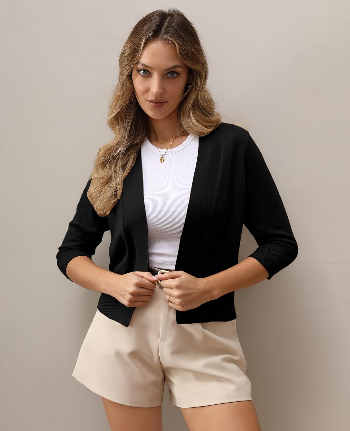 QUALFORT 3/4 Sleeve Sweater for Women Cropped Cardigan Dressy Lightweight Open Front Knit Bolero Shrugs - Image 3