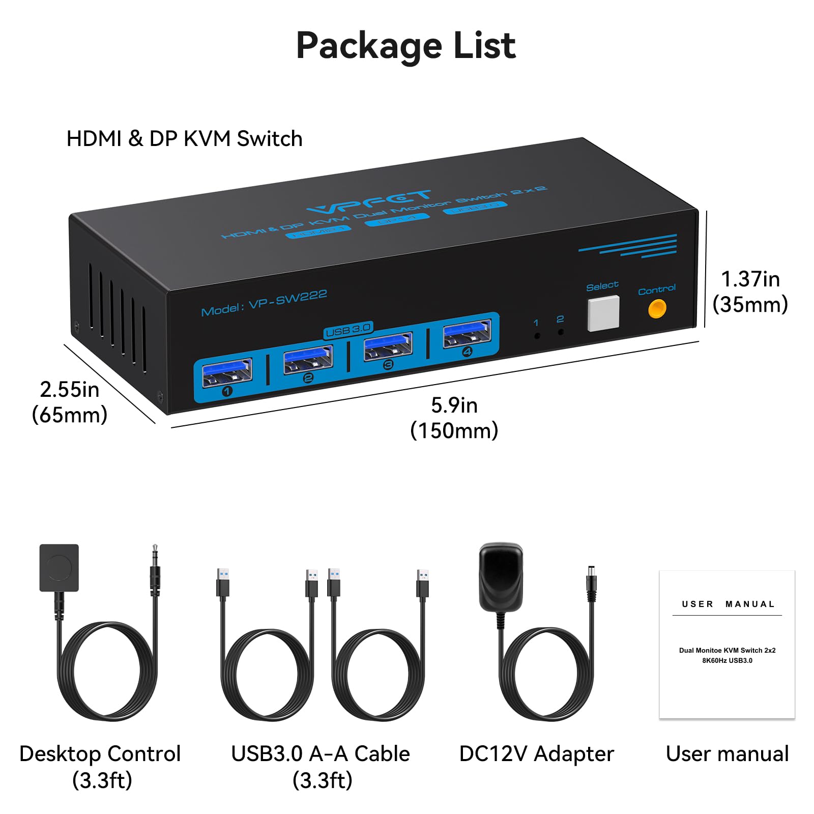 8K@60Hz Displayport HDMI KVM Switch 2 PC 2 Monitore 4K@120Hz USB 3.0 KVM Switches mit 4 USB Anschlüssen für zwei Computer mit gemeinsamem Dual-Monitor, Tastatur, Maus, Drucker und U-Disk