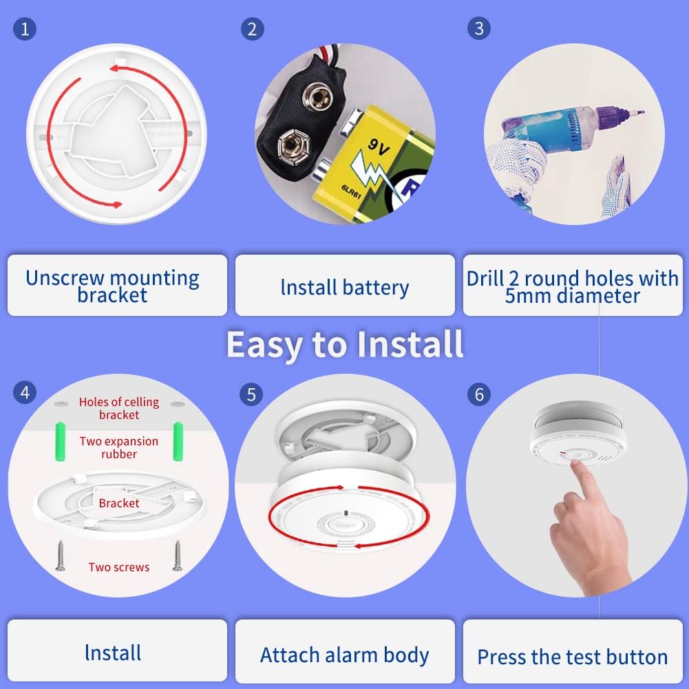 Six-step visual guide for installing the smoke alarm, showing unscrewing the bracket, installing the battery, drilling holes, securing the bracket, attaching the alarm, and pressing the test button.