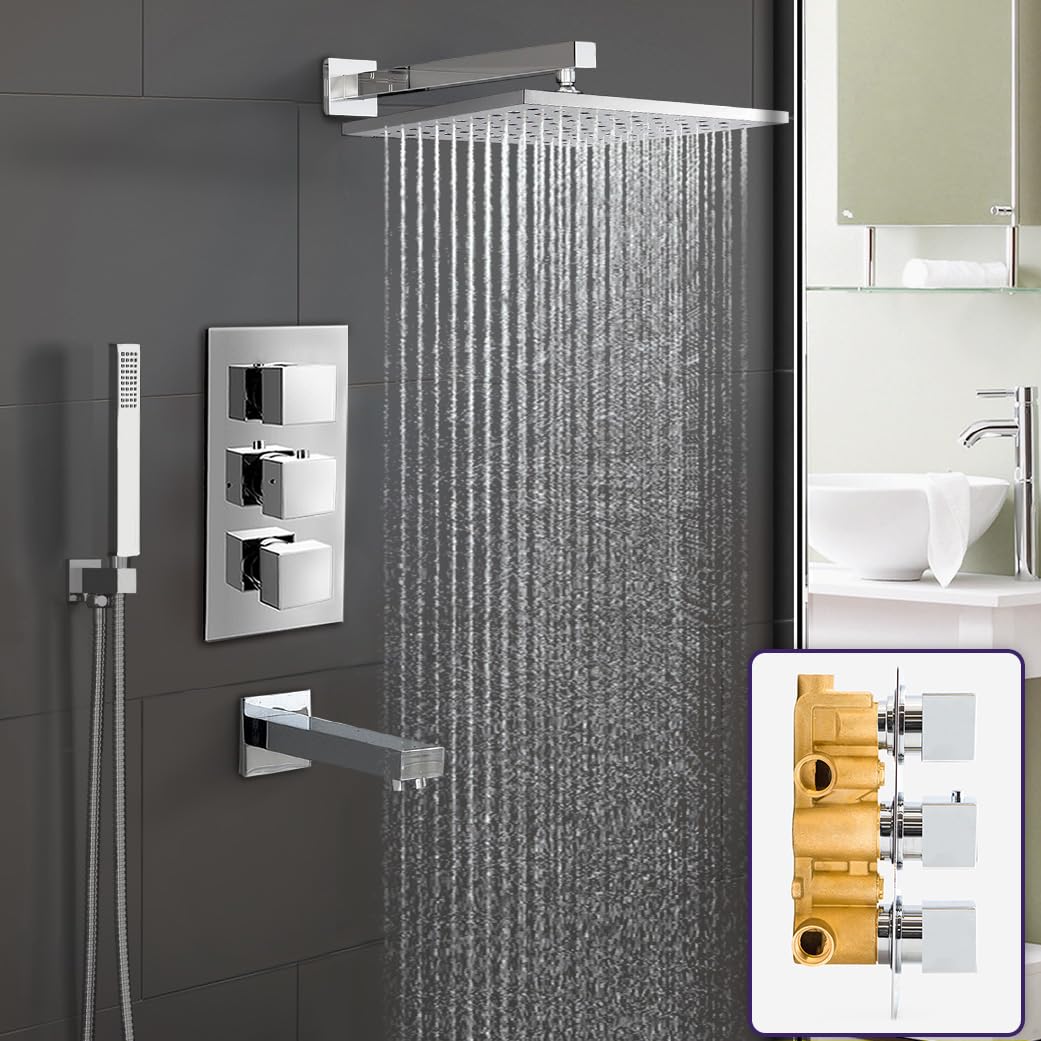 Nes Home | Lily Chrome Square 3 Way Concealed Thermostatic Shower Mixer Set - Shower Head, Handset & Bath Filler Spout