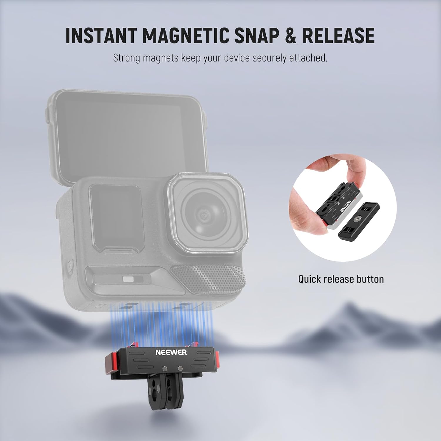 NEEWR Quick Release Mount Compatible with Insta360 X5 X4 X3 AcePro AcePro2, Magnetic Snap On Adapter with 1/4" Screw & Thread Hole, 2 Prong Mount for Action Camera Accessories, GP-88