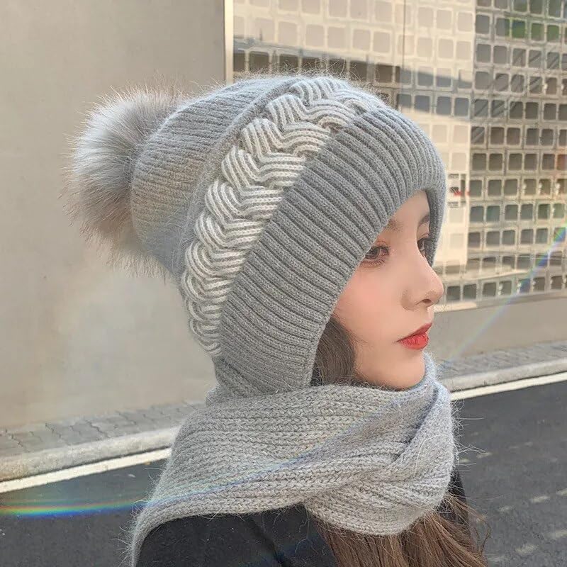 Richmen Women's Knitted Hat Winter Plush Velvet Warm Woolen Cap Neck Scarf | Twist Color Fuzzy Slouchy Beanie Monkey Cap with Muffler For Ski Hiking Outdoor Girls & Ladies (Grey) 1