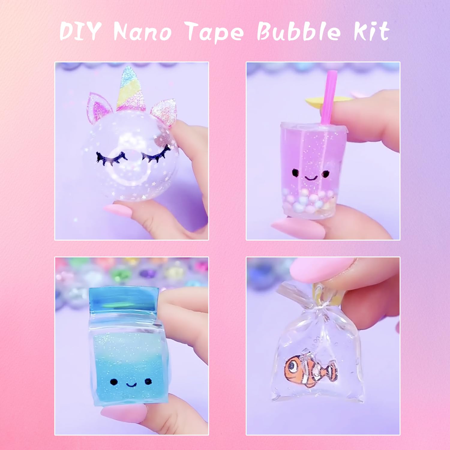 27 Pièces Nano Tape Bubble Kit, Ruban Adhésif Nano, Réutilisable Nano Tape Bubble, Bubbles Tape DIY Craft Kit avec Paillettes, Sequins, Autocollants, Gonfleur, Pailles(Bleu+Rose