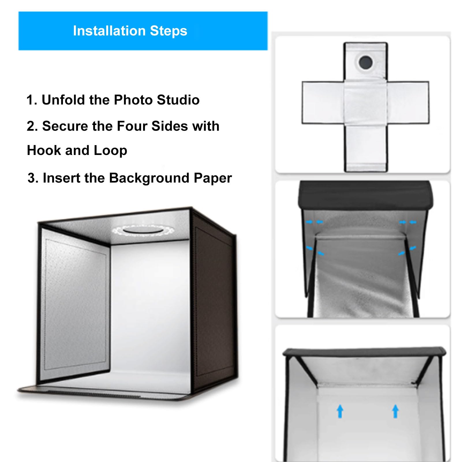 Caisson Lumineux Photo Portable, Mini Tente de Studio Pliante avec 72 LED 10 Niveaux de luminosité 3000K-6000K pour la Photographie de Produits Cosmétiques de Bijoux 15,7x1