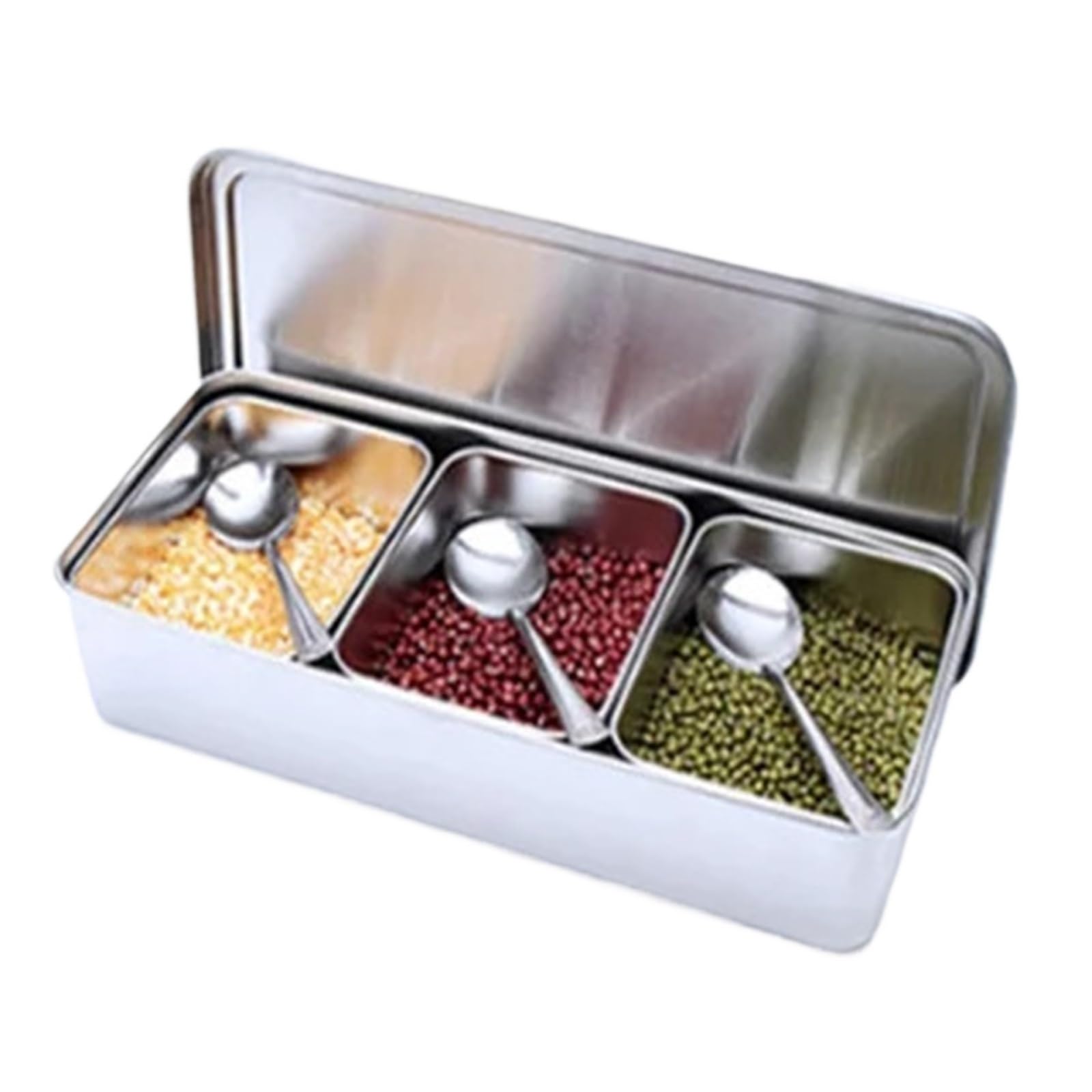 UBOHUZ Kitchen Food Storage Container Compartments Stainless Steel Seasoning Box Containers With Lid Rectangle Chef Tools for Kitchen Condiment(3grid 34.5x15.5xH7cm)