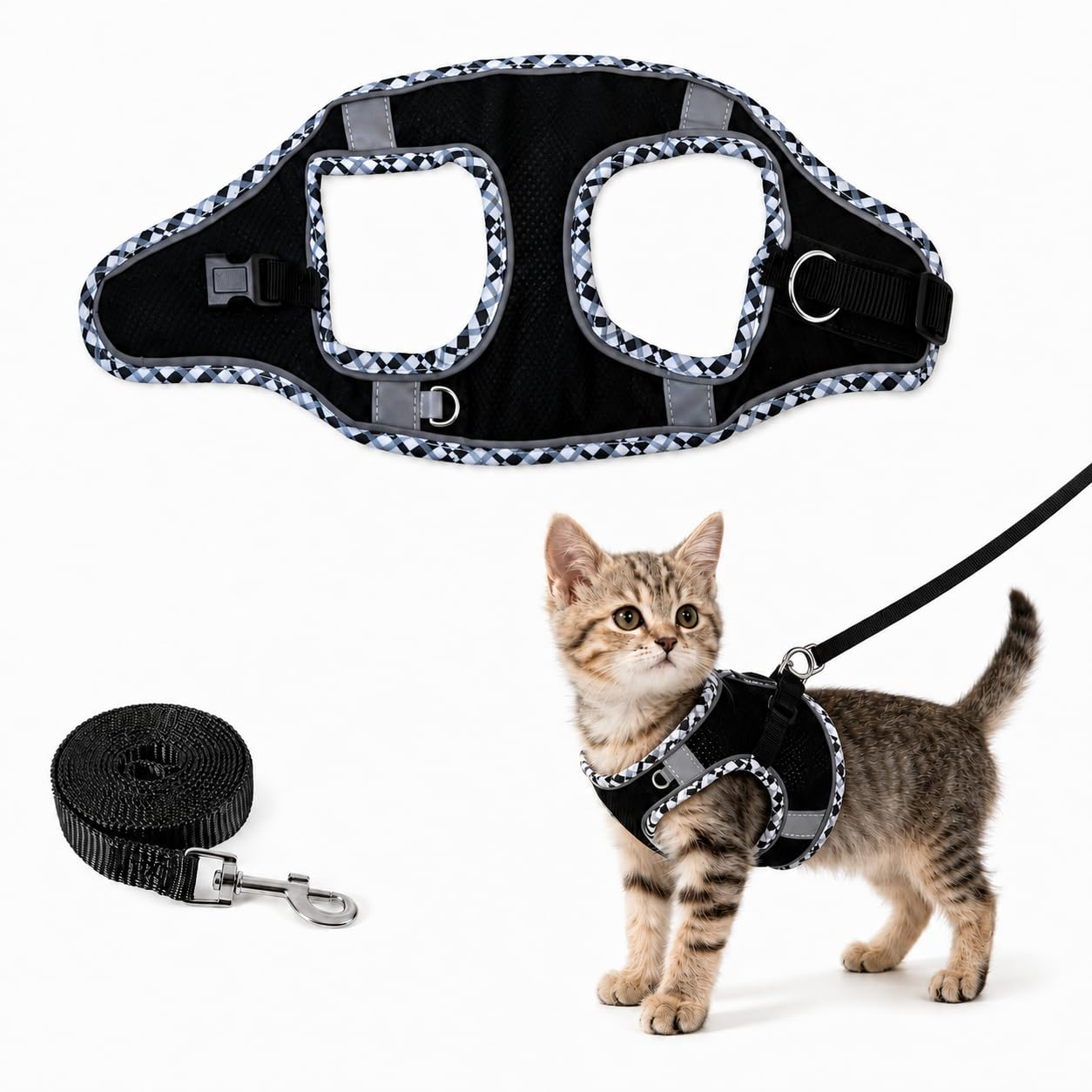 Cat Harness and Lead Set, Escape Proof, Kitten Harness and Leash (Black, S)