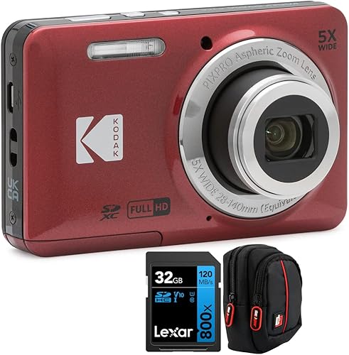 Cámara digital Kodak PIXPRO FZ55, paquete rojo con tarjeta de memoria Lexar de alto rendimiento de 32GB 800x UHS-I SDHC + estuche para cámara Deco