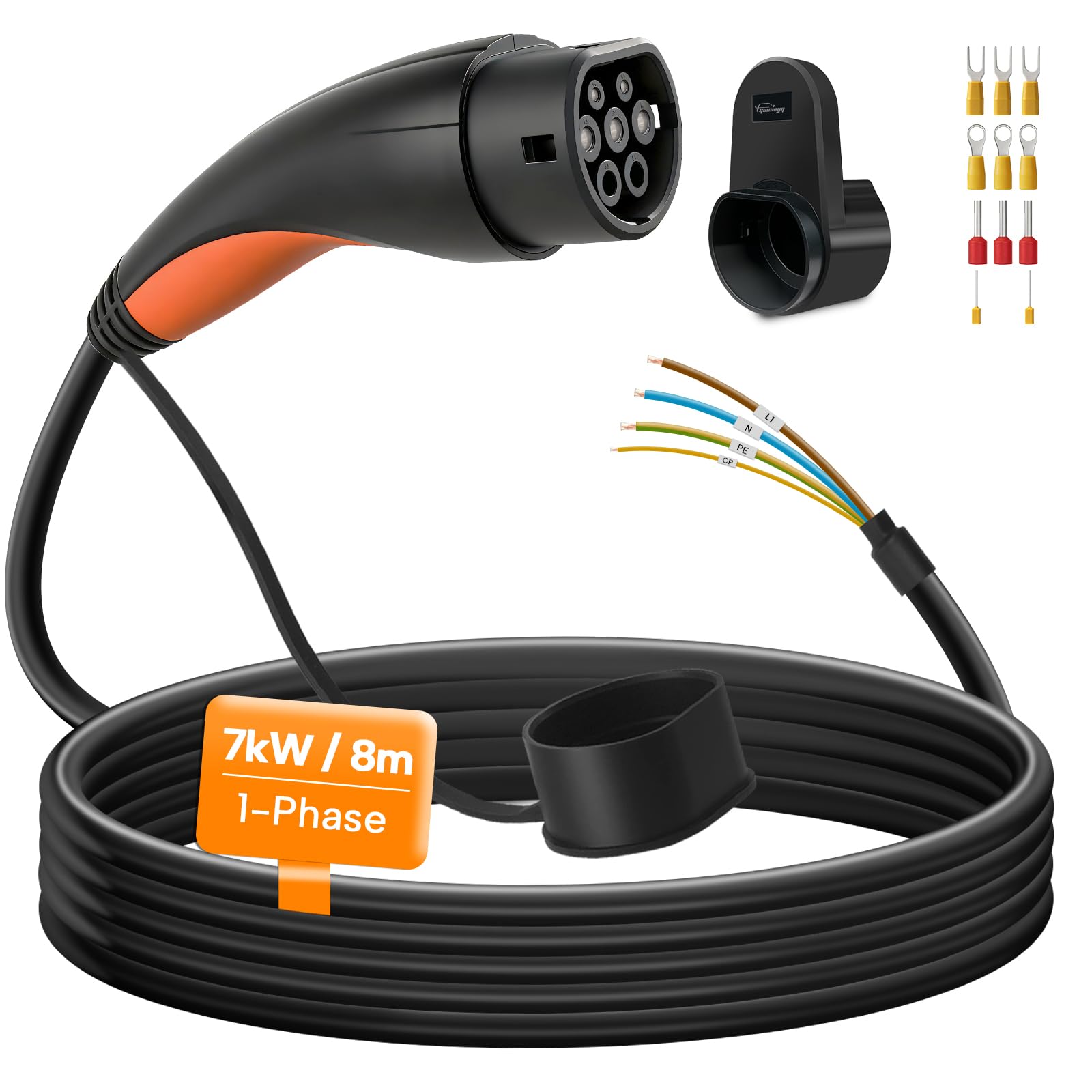 Cable de Carga Tipo 2 Extremo Abierto, 7 kW/monofásico/32 A/8 m | Cable de Repuesto para Wallbox y estación de Carga Tipo 2