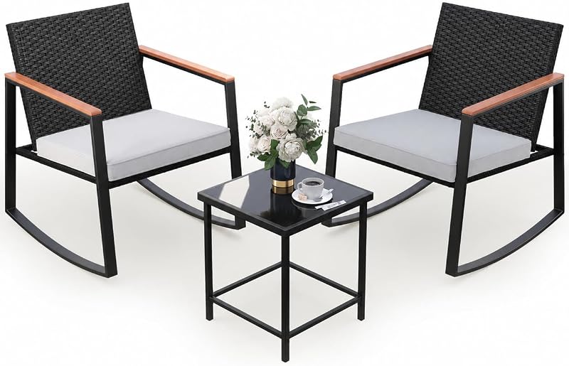 Gizoon 3 Pieces Rocking Patio Bistro Set with Anti-Scald Armrest | Outdoor Patio Wicker Furniture Set with Glass Table