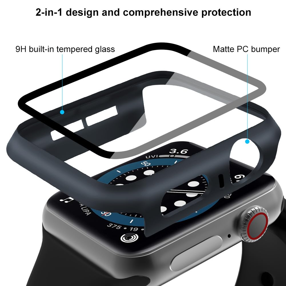 OFFCUP 2 Pezzi Cover per Apple Watch Series 6 / SE/Series 5 / Series 4, 40mm con Vetro Temperato, Copertura Completa Custodia Rigida HD Clear Pellicola Protettiva (Blu Notte)