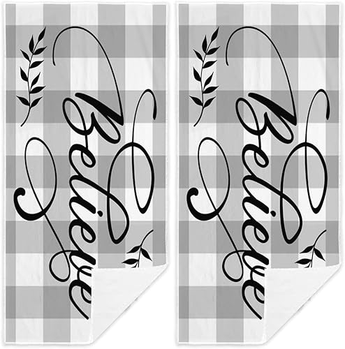 Easternproject Christmas Believe - Juego de 2 toallas de mano para invierno, Navidad, color gris y blanco, a cuadros, absorbentes, toallas
