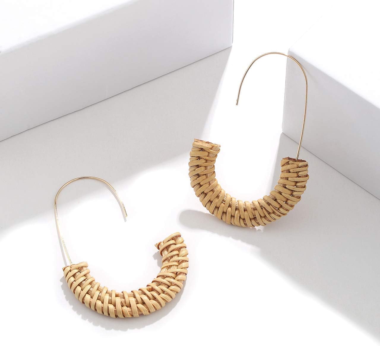Rattan Earrings for Women Handmade Straw Wicker Braid Drop Dangle Earrings Lightweight Geometric Statement Earrings (E 4PCS Set 2) - Image 5