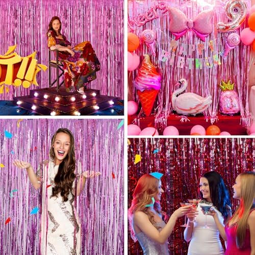JINSUI Pink Fringe Backdrop 3.3x8.2ft, 2 Pack Foil Tinsel Curtains Decor - 3