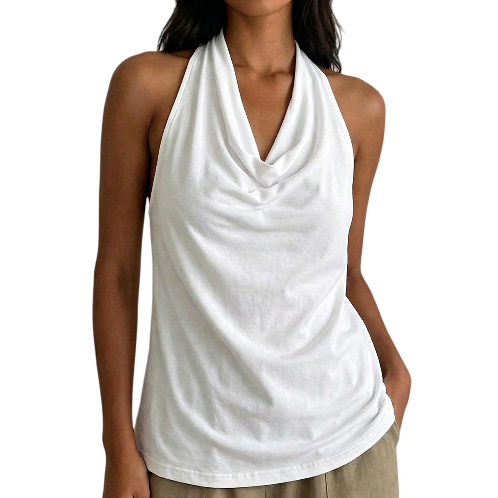 Conjunto de top para mujer con cuello drapeado, color veraniego, cuello en V, parte superior sin espalda