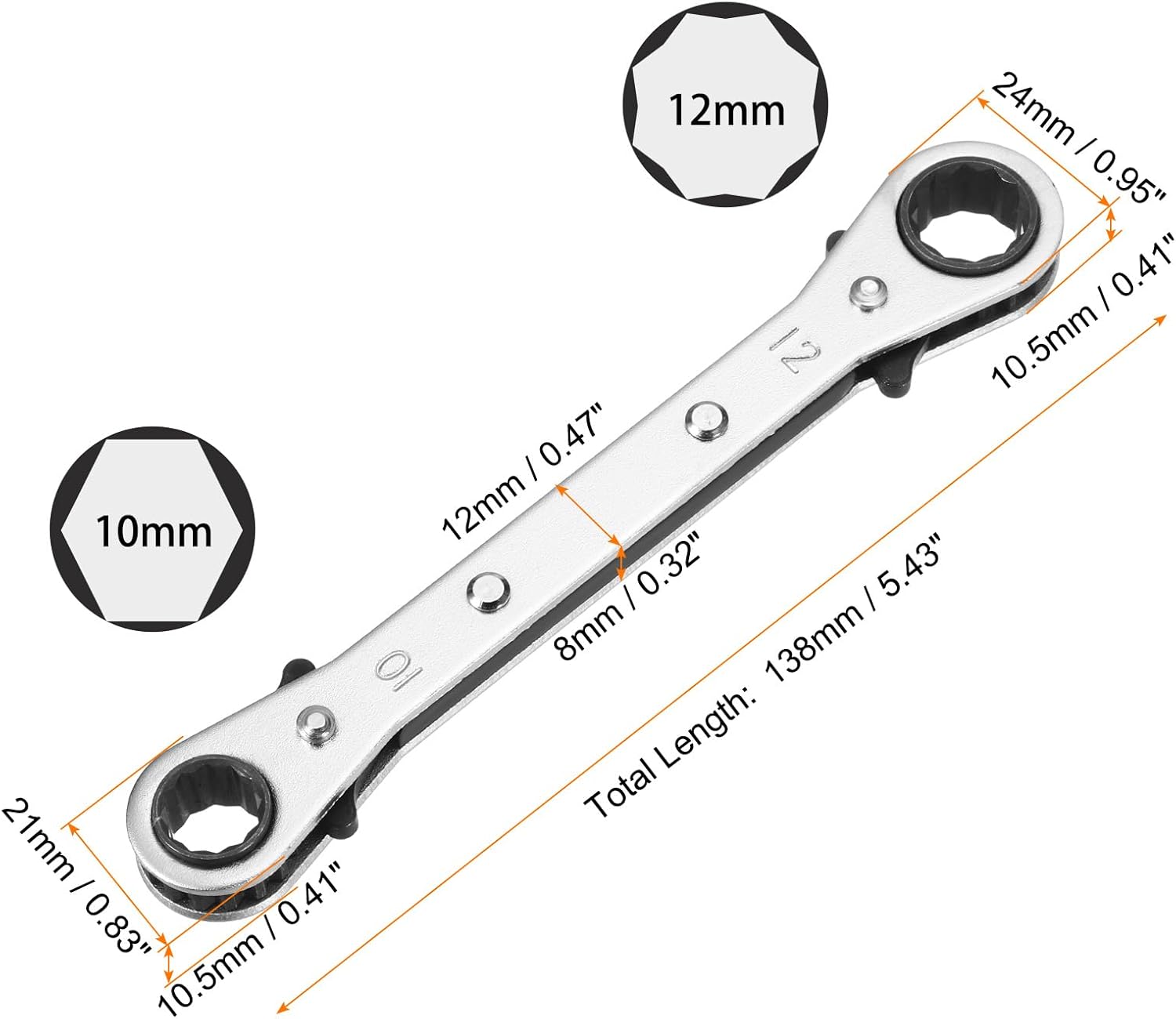 HARFINGTON Double Box End Reversible Ratcheting Wrench 10mm x 12mm CR-V Steel 180 Degrees Metric Double Head 12-Point 24-Teeth Adjustable Ratchet Gear Socket Spanner, Silver Grey