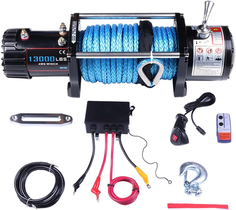 OCPTY 13000lb Winch For ATV UTV 12V for Towing Trailer Truck Jeep Off Road Portable with Synthetic Rope Wireless & Wired Remote Control Hawse Fairlead Mount Plate Trailer 4WD