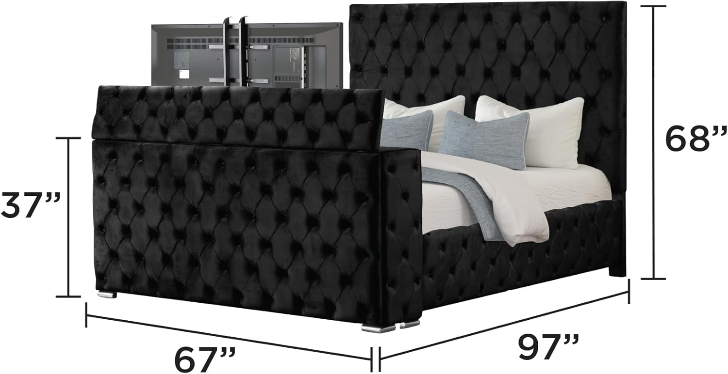 Bedframe with TV Lift in Footboard and Fireplace - Velvet Upholstered Sleigh Bed with Button Tufted and Silver Block Legs, Luxury Bed Frame for Bedroom, Box Spring Not Required (Black, Queen) Black Queen