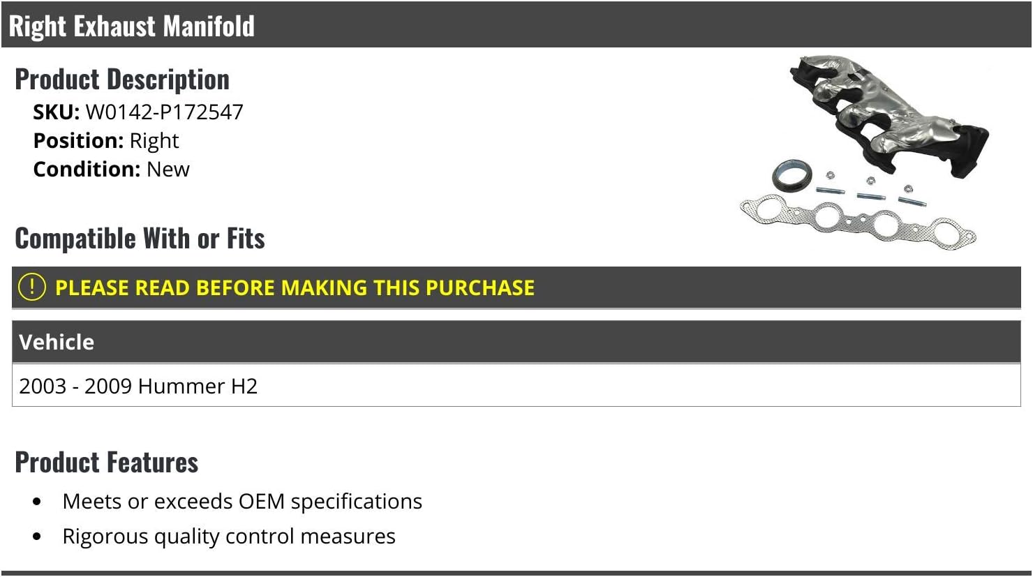 Marketplace Auto Parts Right Passenger Side Exhaust Manifold - Compatible with 2003-2009 Hummer H2