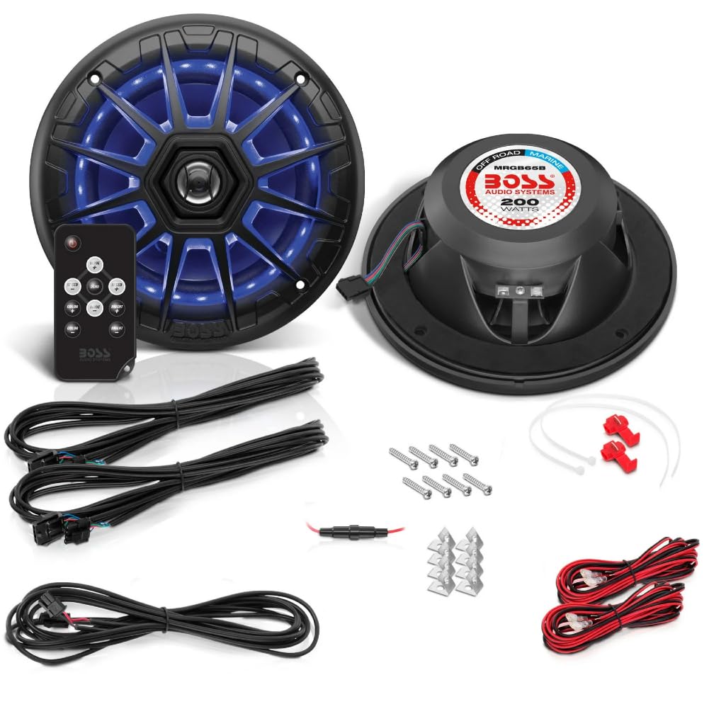 Kit Set para Boss Audio Systems MRGB65B, 2 Altavoces Marinos de 2 vías de 6,5" 16,5 cm x 165 mm, 100 vatios rms, 200 vatios máx, 4 ohmios, Resistentes al Agua, con LED RGB, por Pares + Accesorios