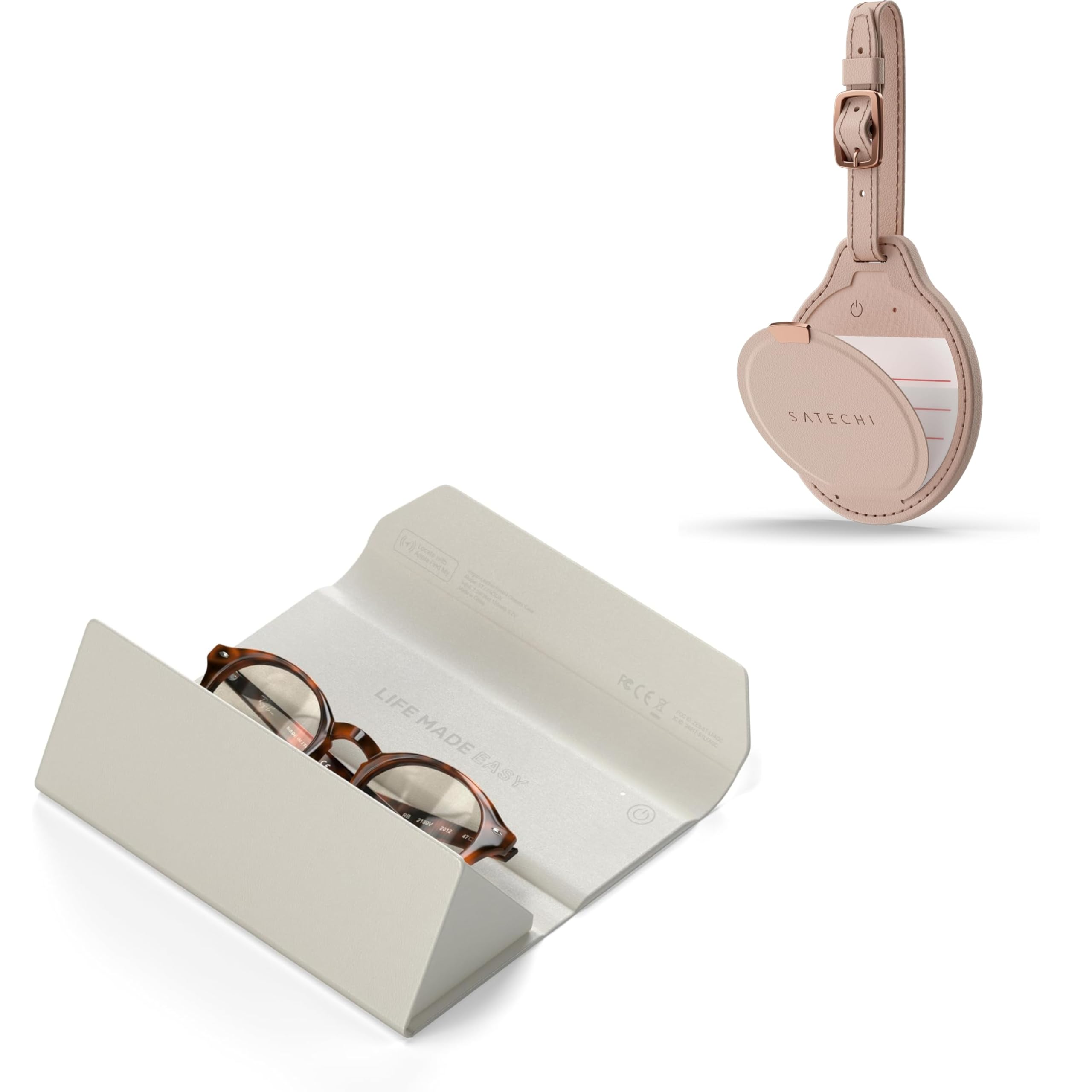 Satechi Bundle Etui pour Lunettes Intelligent FindAll (Beige) et Traceur GPS pour Bagage (Rose Desert)