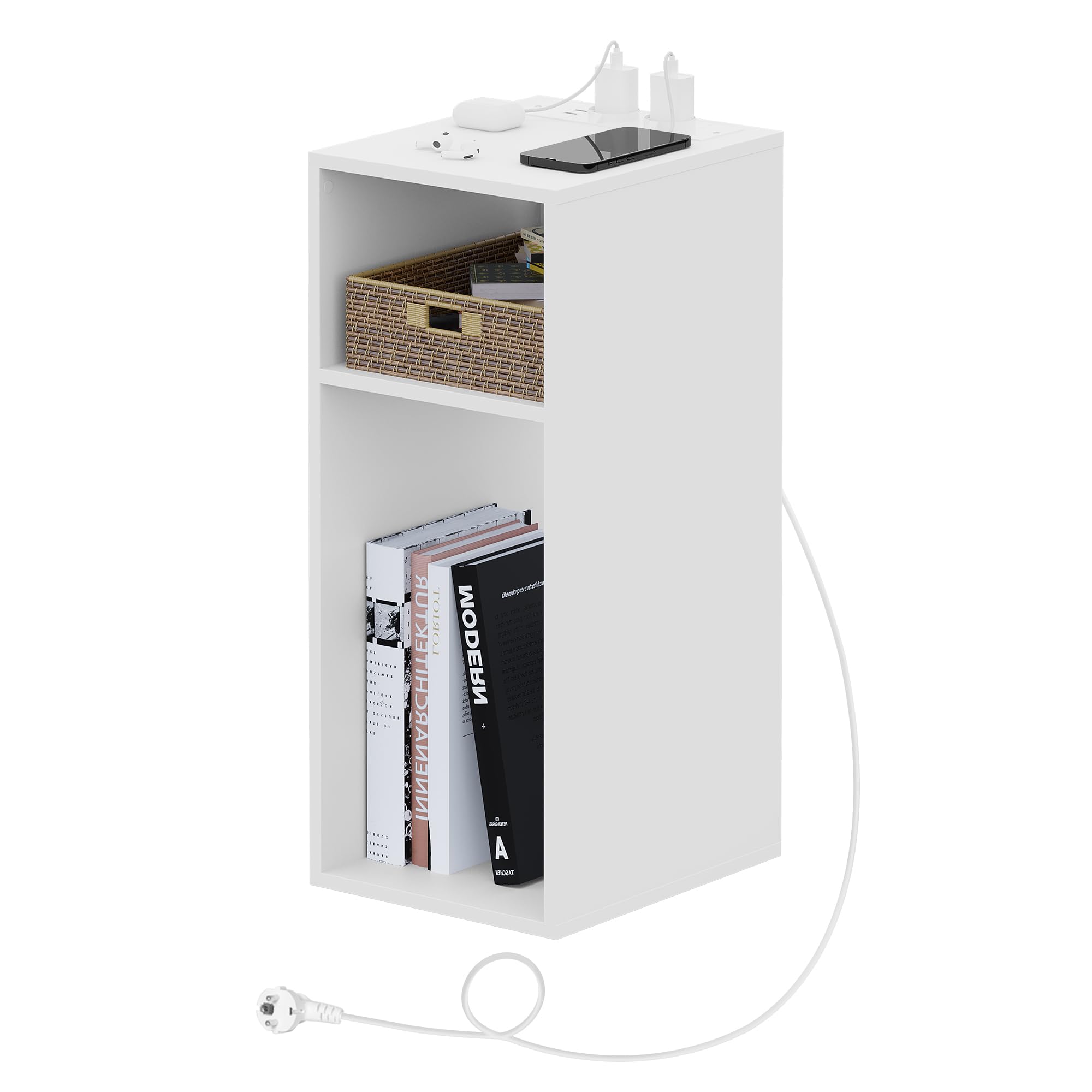 WOLTU Nachttisch mit Ladefunktion, schmaler Kleiner Beistelltisch mit 2 Steckdosen 2 USB-Anschlüssen 2 offenen Fächer, Couchtisch mit Stauraum, 25x60x30 cm, für Schlafzimmer, Weiß, NTS06ws