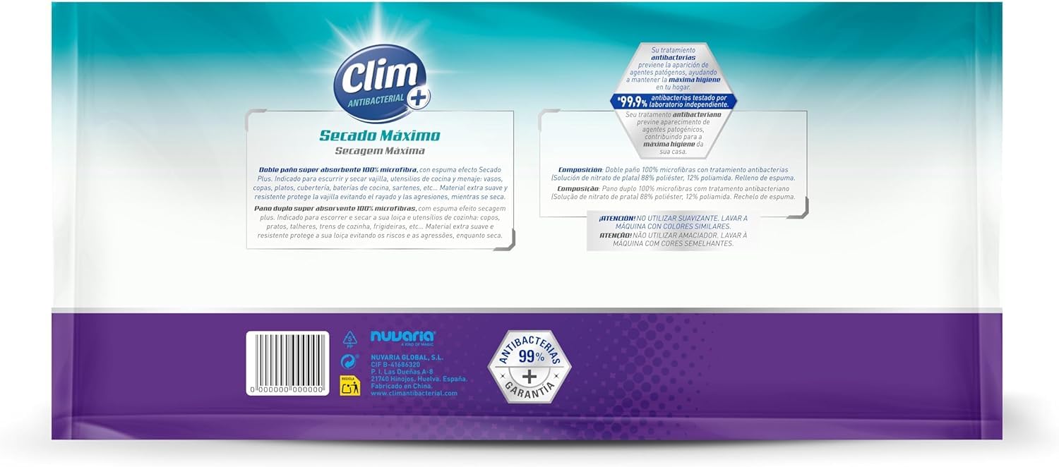 Clim Antibacterial 7 Posavajillas Súper Absorbente con Tratamiento Antibacterias. Doble Paño Hecho 100% Microfibra con Espuma Efecto Secado Plus. Caja de 7 uds