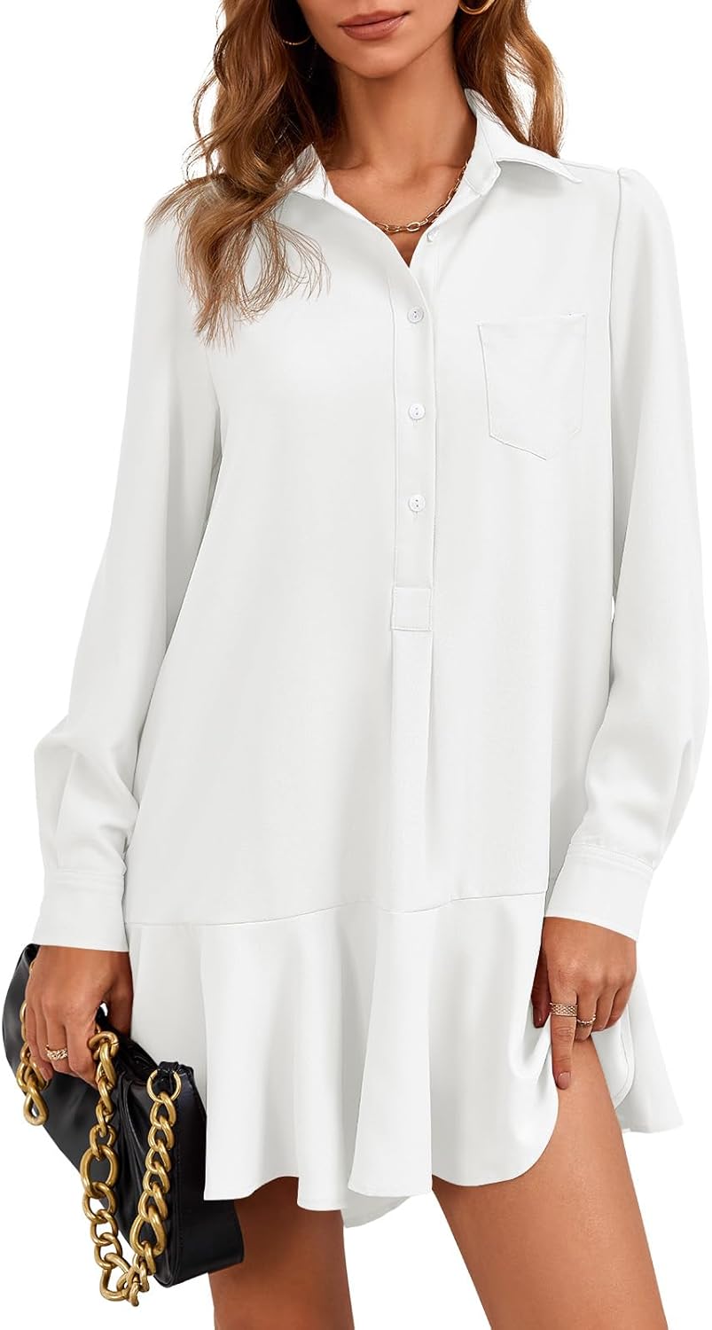 Fisoew Womens Casual Button Down Shirt Dress Long Sleeve Collared Pleated Swing Mini Dresses