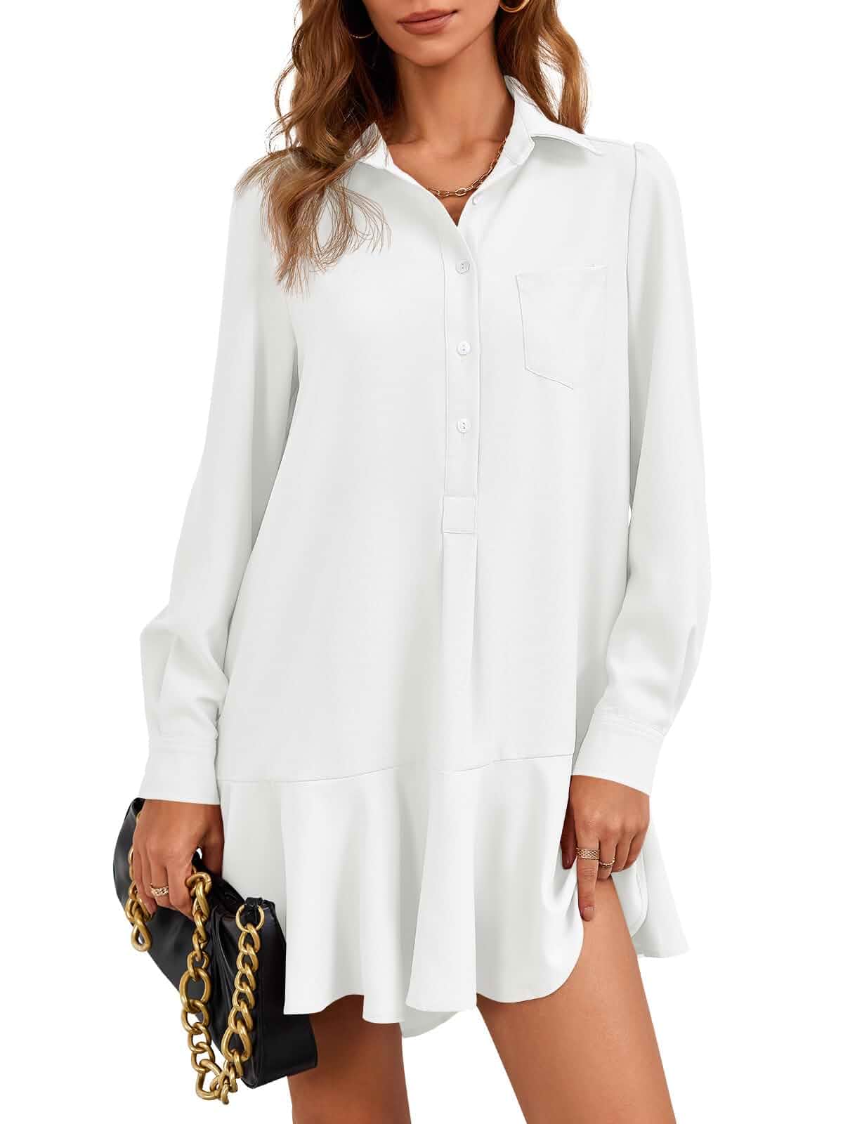 Fisoew Womens Long Sleeve Shirt Dress Button Down Collared Flowy Mini Dress Tunic, Ruffle Hem, Button Up, A Chest Pocket, Loose Fit, Shift Dress, Fall, Spring