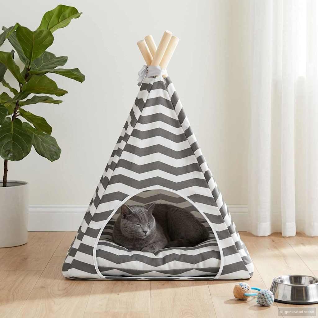 Tipi pour animal de compagnie avec coussin blanc gris 40 x 40 x 50 cm polyester avec coussin tente douillette pour chat chien lavable confortable et doux idéal comme panier et cachette