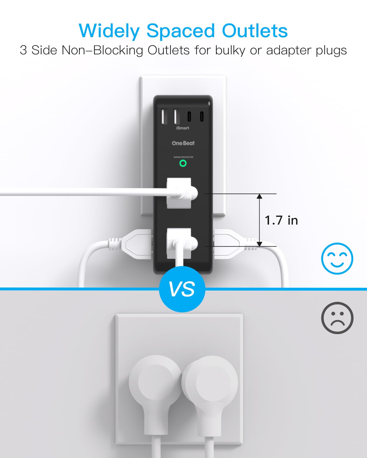 Surge Protector Outlet Extender - with Rotating Plug, 6 AC Multi Plug Outlet with 3 USB Ports (1 USB C), 1800 Joules, 3-Sided Swivel Power Strip with Spaced Outlet Spaced Outlet Splitter for Dorm