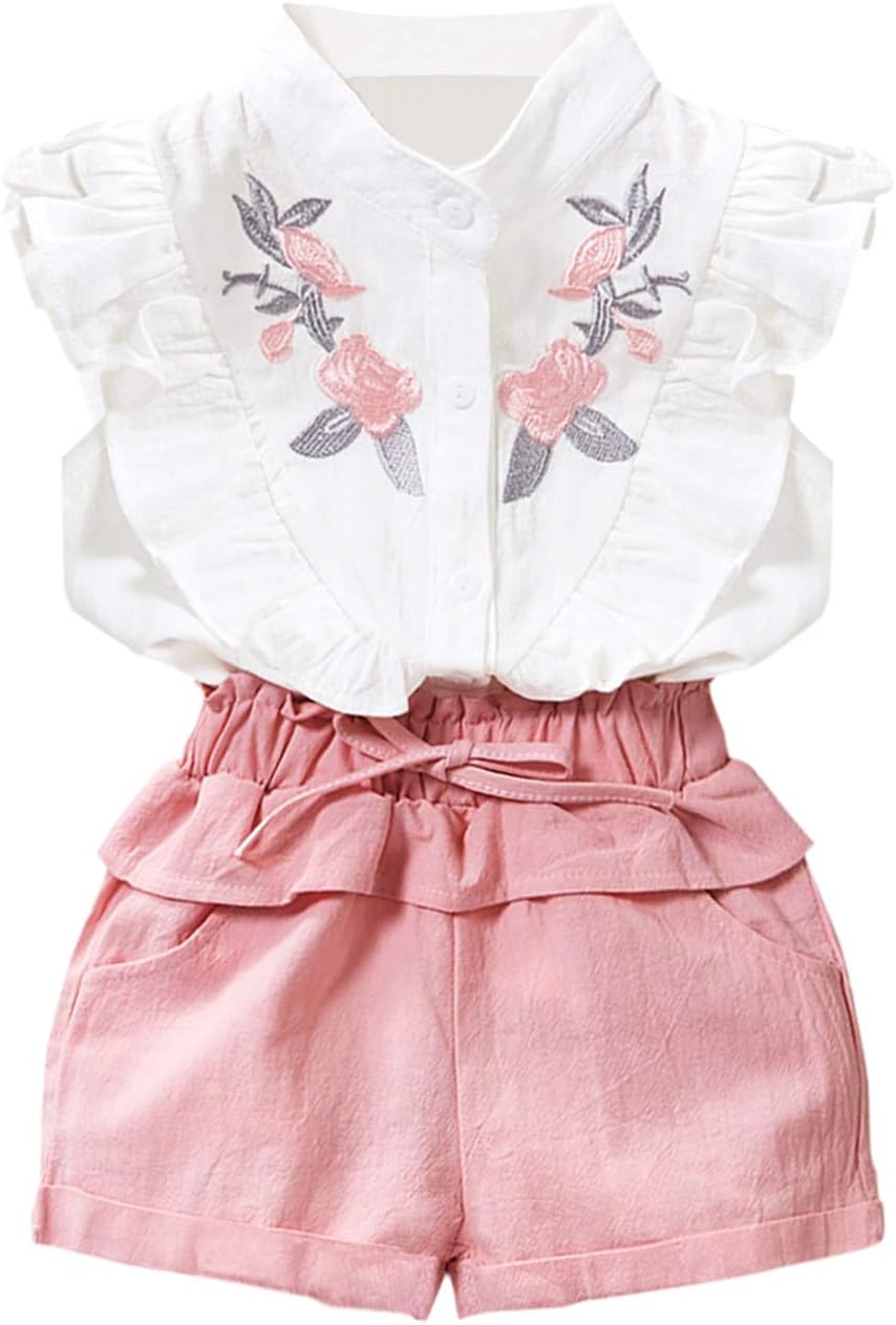 okladyToddler Girl Clothes Ruffle Floral Embroidery Shirt and Shorts Set
