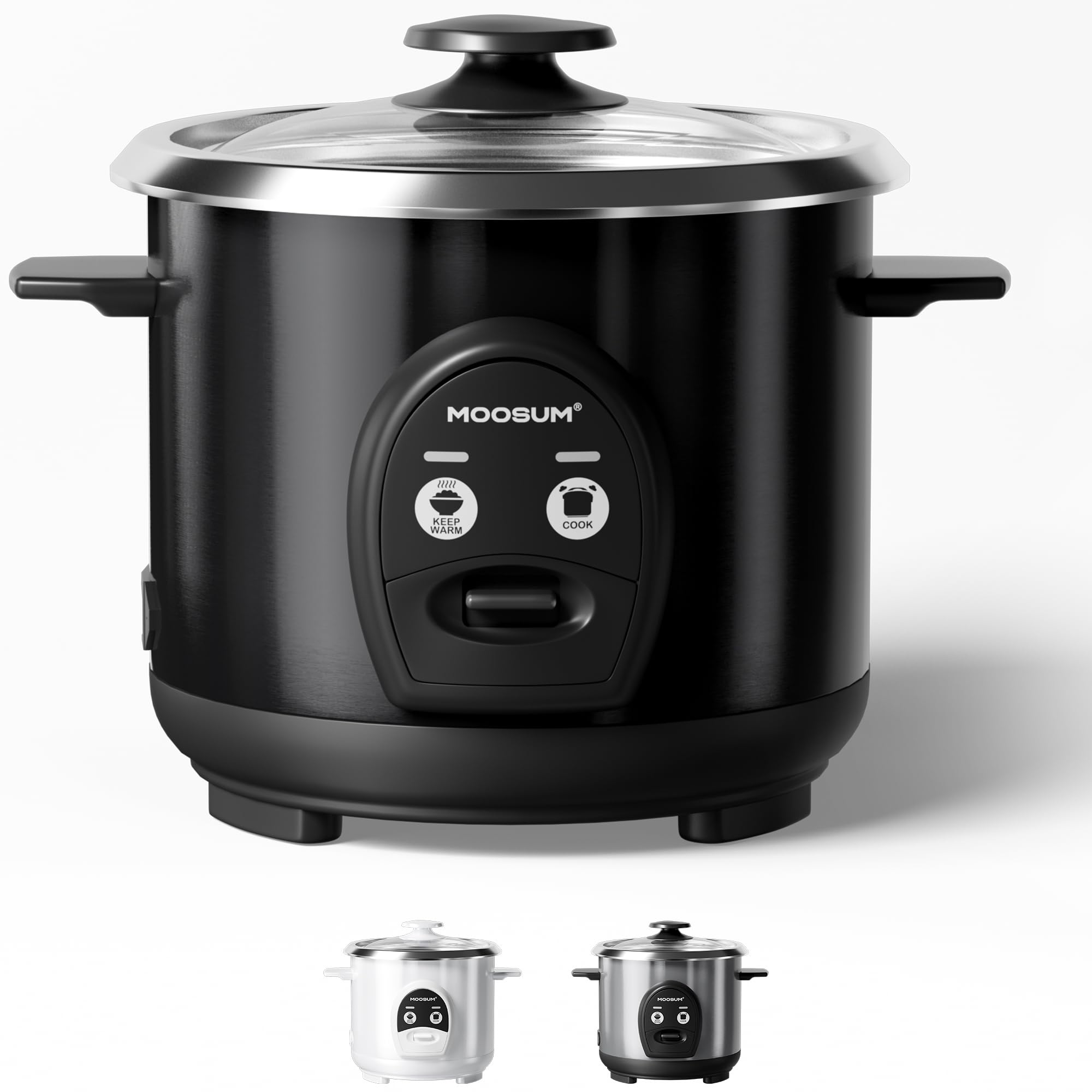 Moosum 3-cup small rice cooker with stainless steel non-toxic inner pot in black