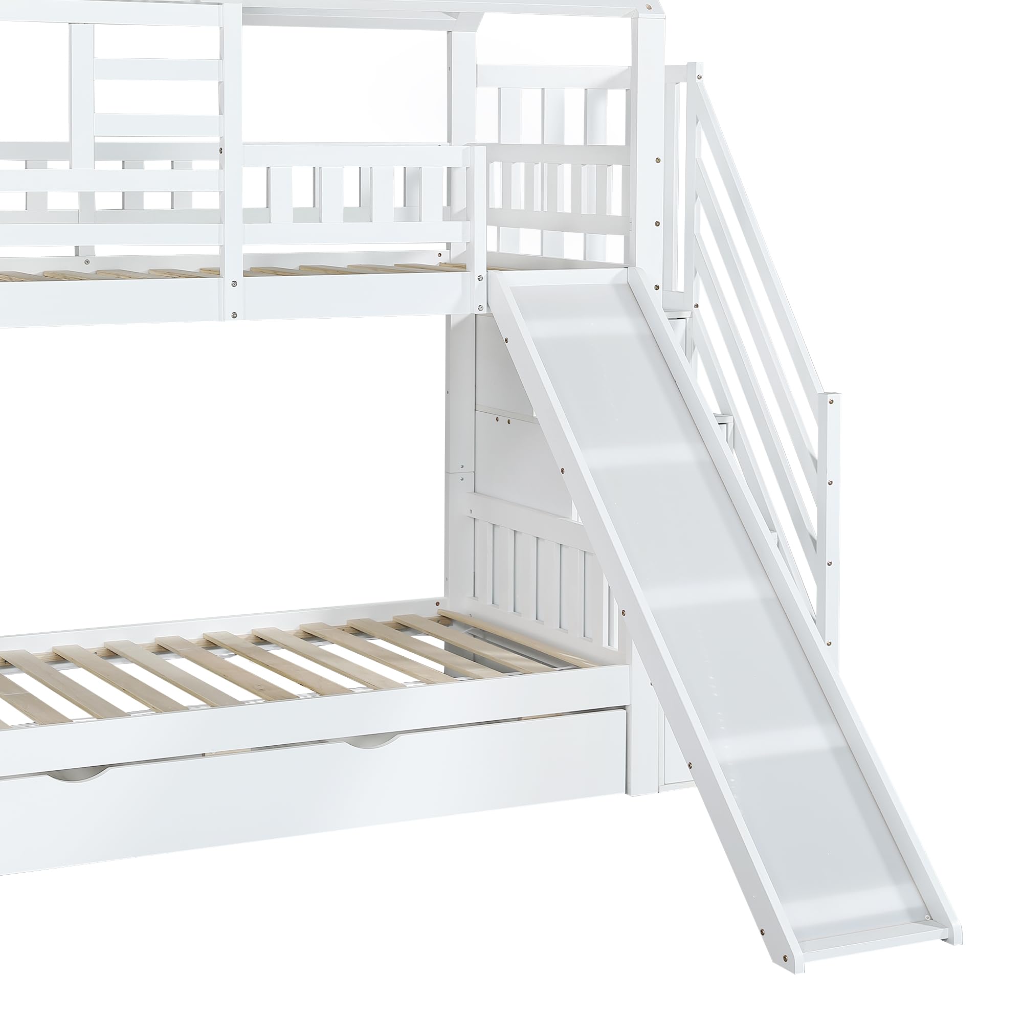 Letto a castello con scala e scivolo, letto a casa, scala con vano portaoggetti, telaio in legno di pino e MDF, letto per bambini con finestra e tetto, con griglia anticaduta e cassetto