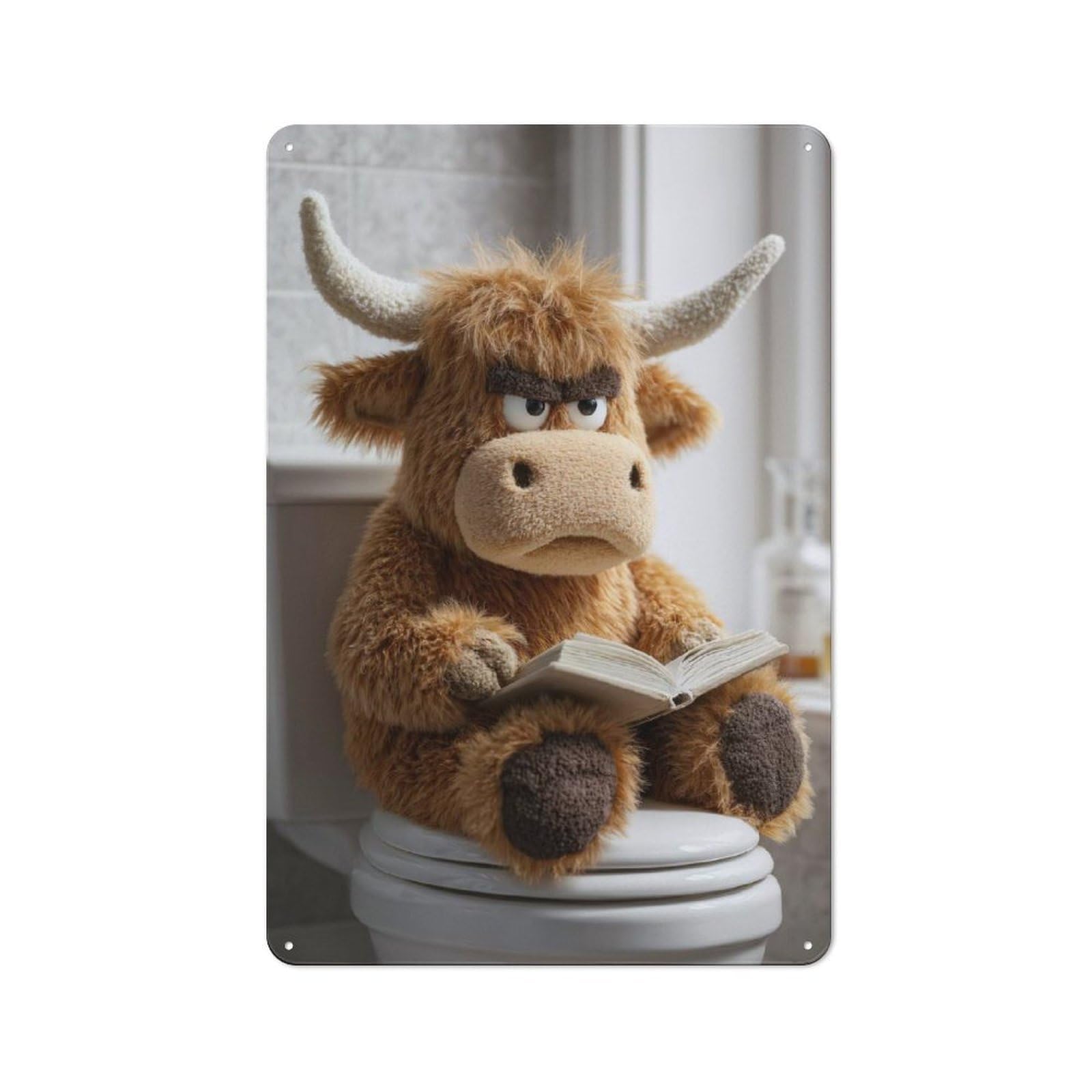 Grumpy Highland Cow Reading on Toilet Garage Metal Sign 30x20cm, Weathered Look Shed Wall Plaque for Garage, Workshop, Shed Or Utility Room
