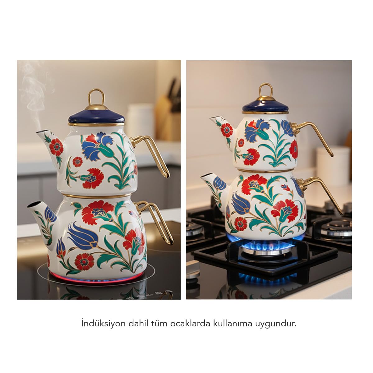 Serenk Emaille-Teekannen-Set 2-teilig, 1,1/2,1 L, Golddetails, Induktion | Marineblauer Deckel, Gold-Chrom-Griffe, Emaille-Dekor, alle Herdarten inkl. Induktion, spülmaschinengeeignet, Made in Türkiye