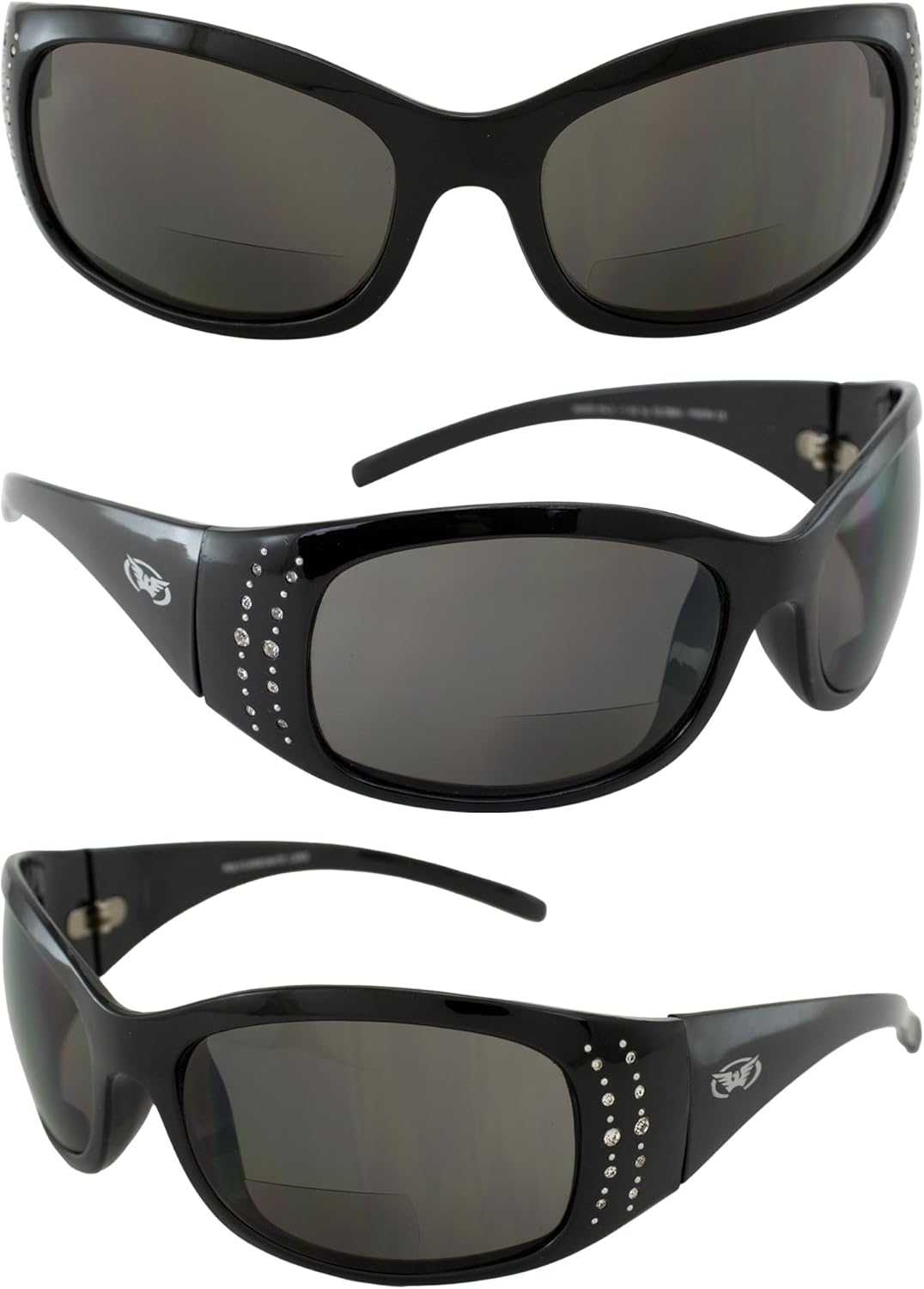 Global Vision Marilyn 2 Bifocal Sunglasses Bling Rhinestone Decorated Gloss Black Frames 2.5x Magnification Smoke Lenses