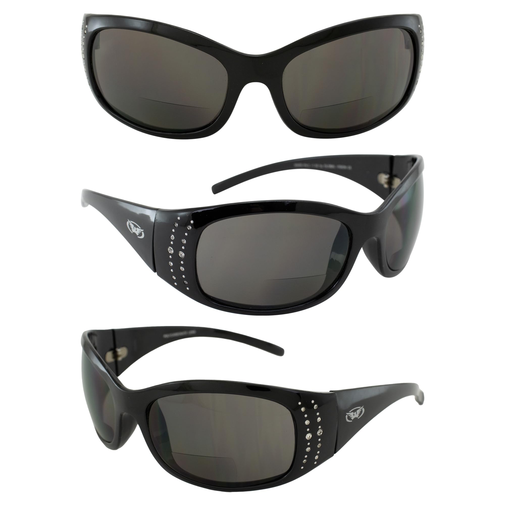Global Vision Marilyn 2 Sonnenbrille mit Strasssteinen verziert, glänzender schwarzer Rahmen, 3,0 x Vergrößerung, rauchfarbene Gläser
